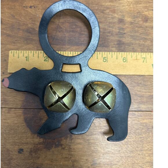 Leather Black Bear With Jingling Bell's Door Bell Hanger Chime Made In USA - Picture 4 of 5
